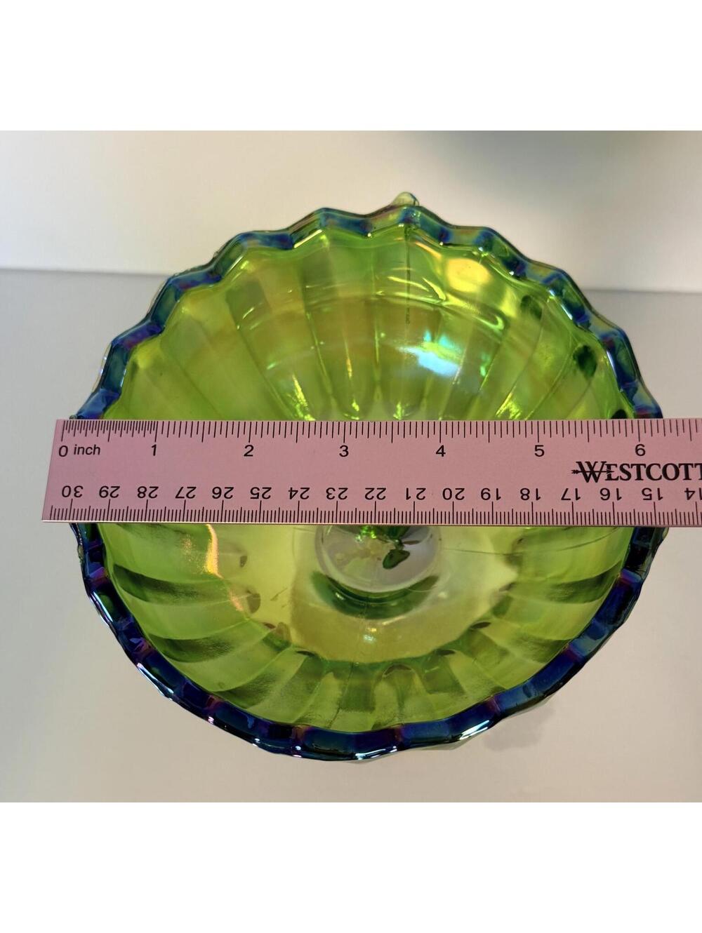 Vintage Indiana Glass Green Carnival Compote Lotus Blossom Ruffled Footed Bowl - Picture 5 of 5